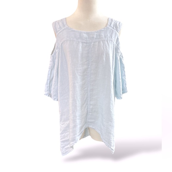 John P Greece 100% Linen Sky Blue Cold Shoulder Blouse size S (E26) - Picture 1 of 8